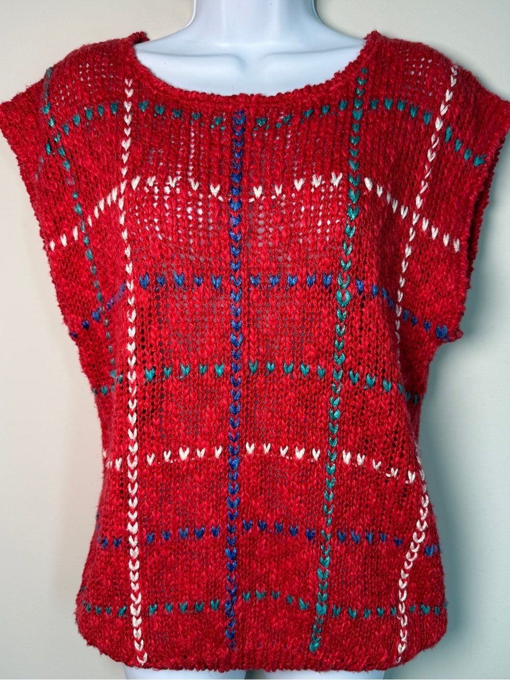MESSAGES Vintage Red Windowpane Plaid Embroidered Sweater Vest Grandmacore - L